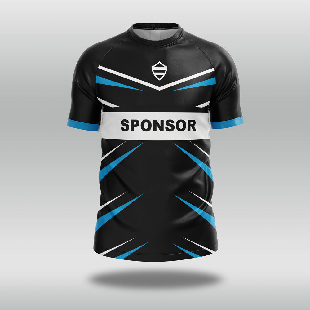 Black football shirt with blue and white accents on a gray background