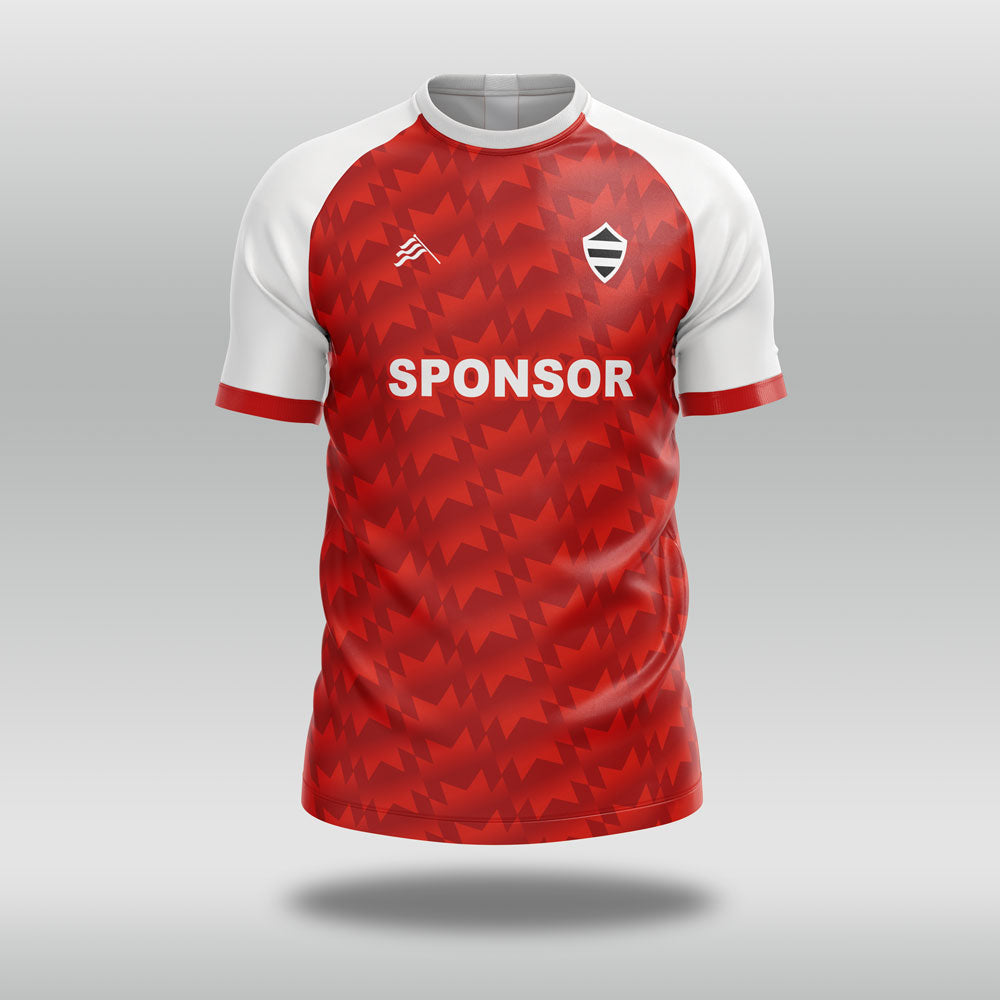 Red football shirt with white sleeves and 'SPONSOR' text on a gray background