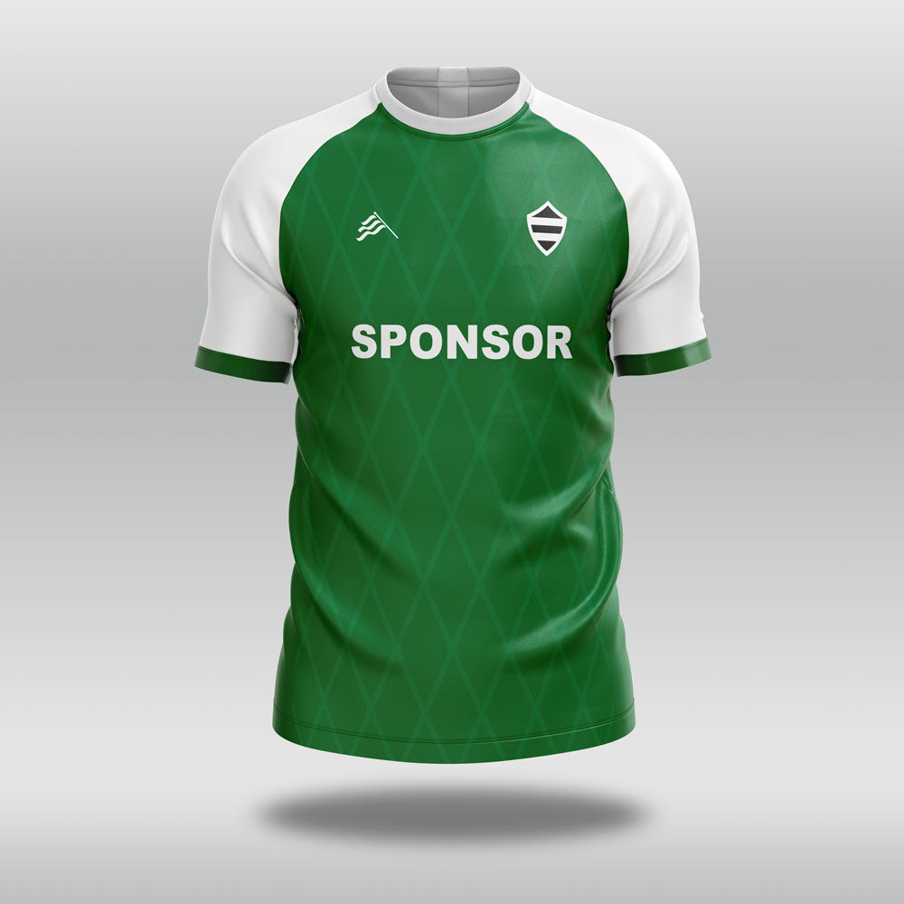 Green football shirt with white sleeves on a gray background