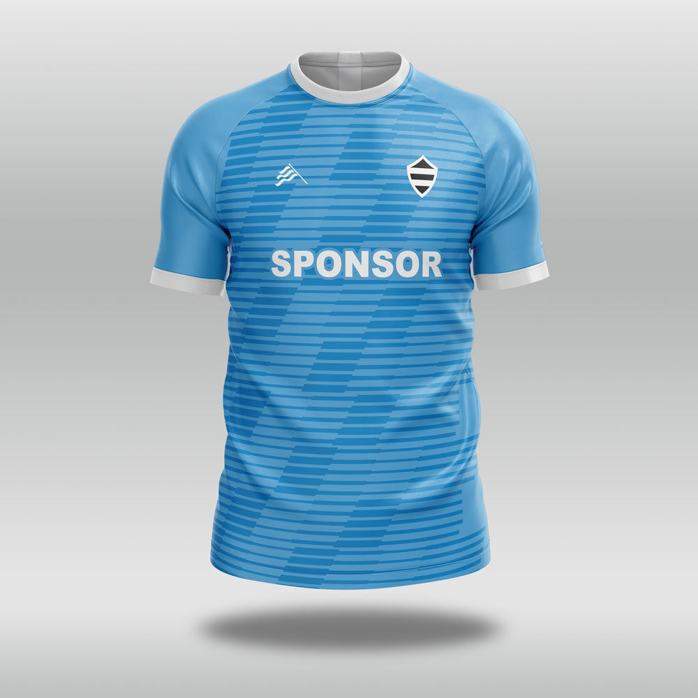 Blue football shirt with 'SPONSOR' text on a gray background
