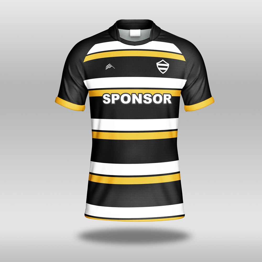 Black, white, and yellow striped Rugby Shirt with a sponsor logo on a gray background