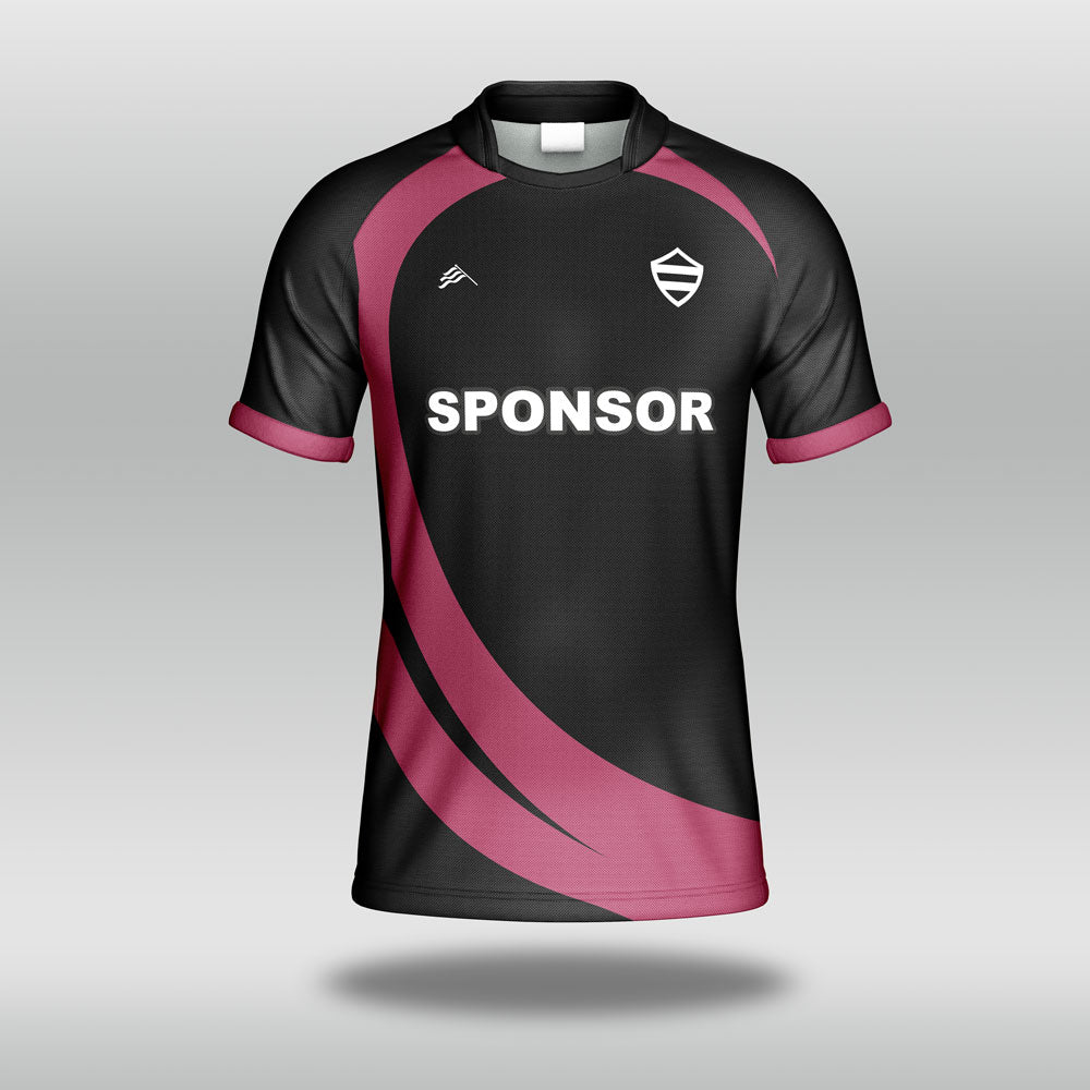 Black Rugby Shirt with pink accents and 'SPONSOR' text on a gray background