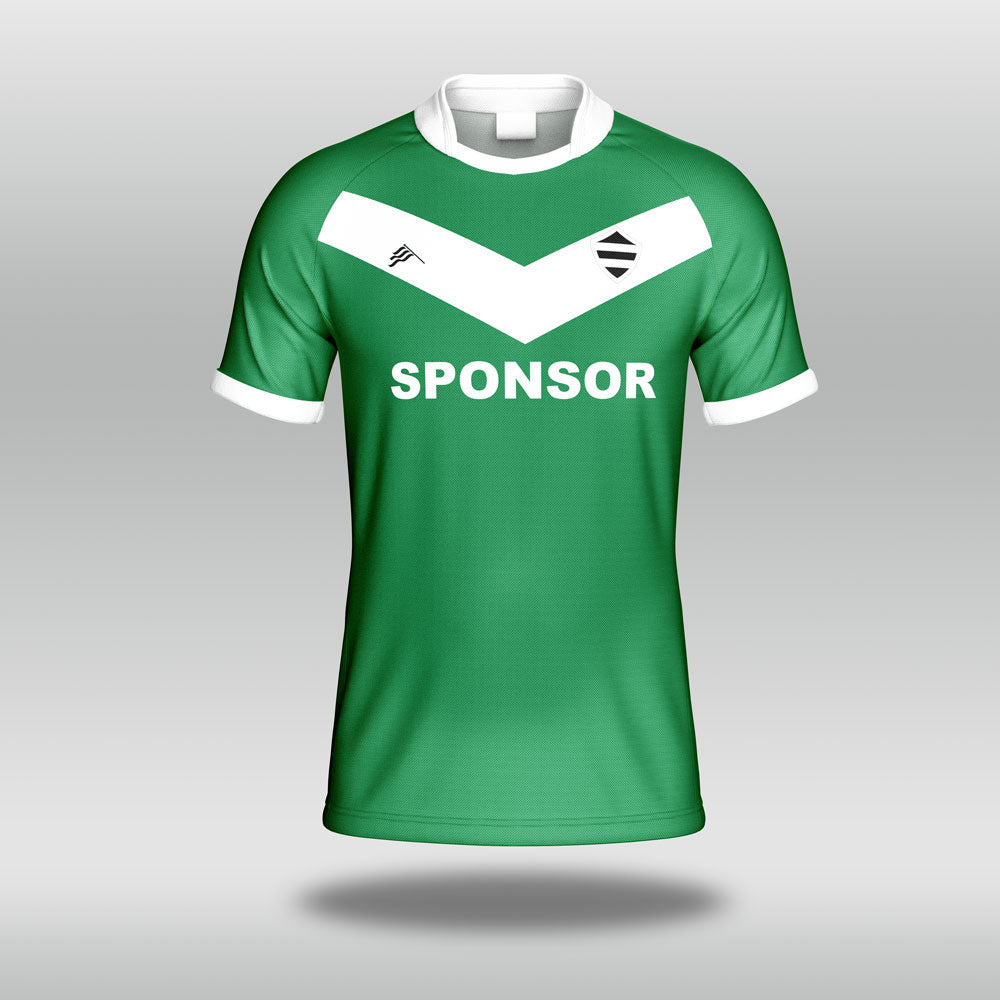 Green Rugby Shirt with white accents on a gray background