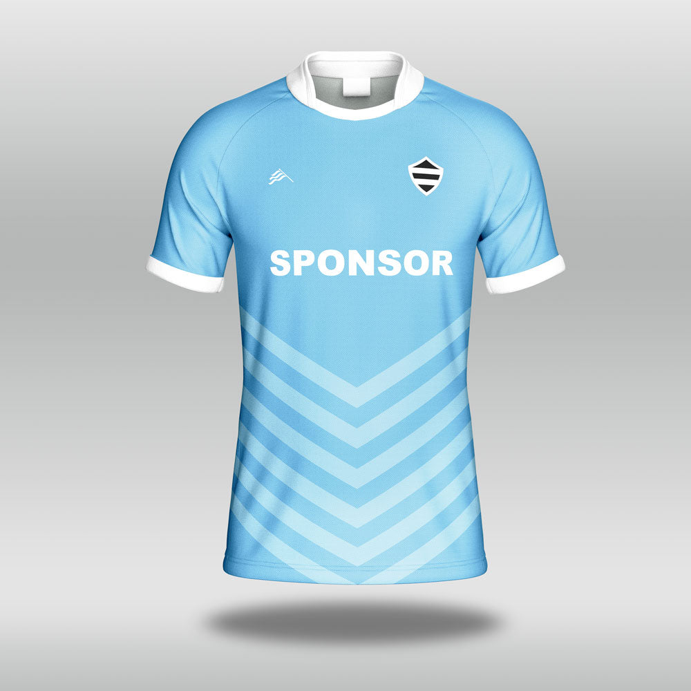 Light blue Rugby Shirt with white accents on a gray background