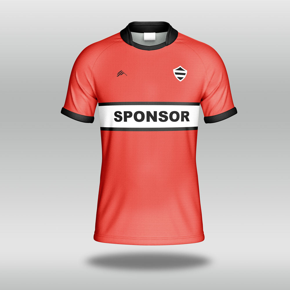 Red Rugby Shirt with black accents on a gray background