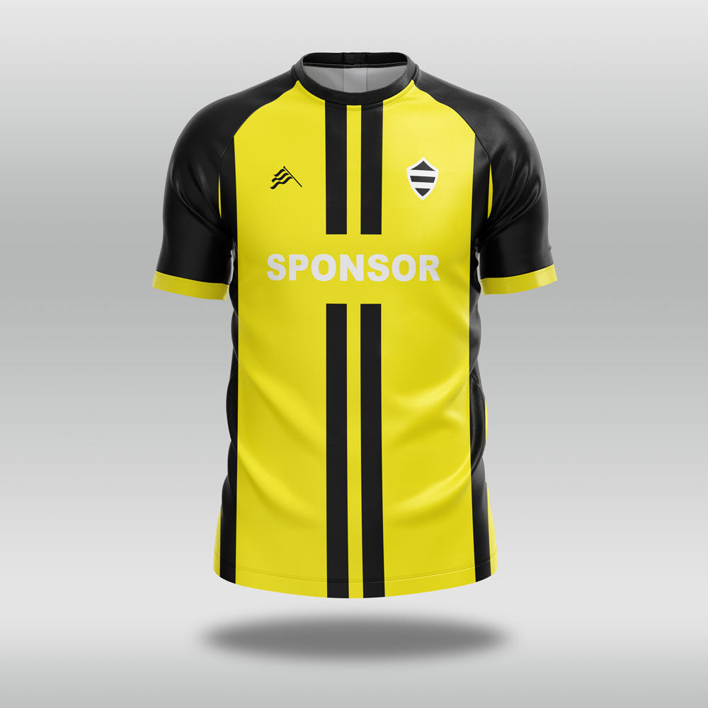 Yellow and black football shirt with 'SPONSOR' text on a gray background