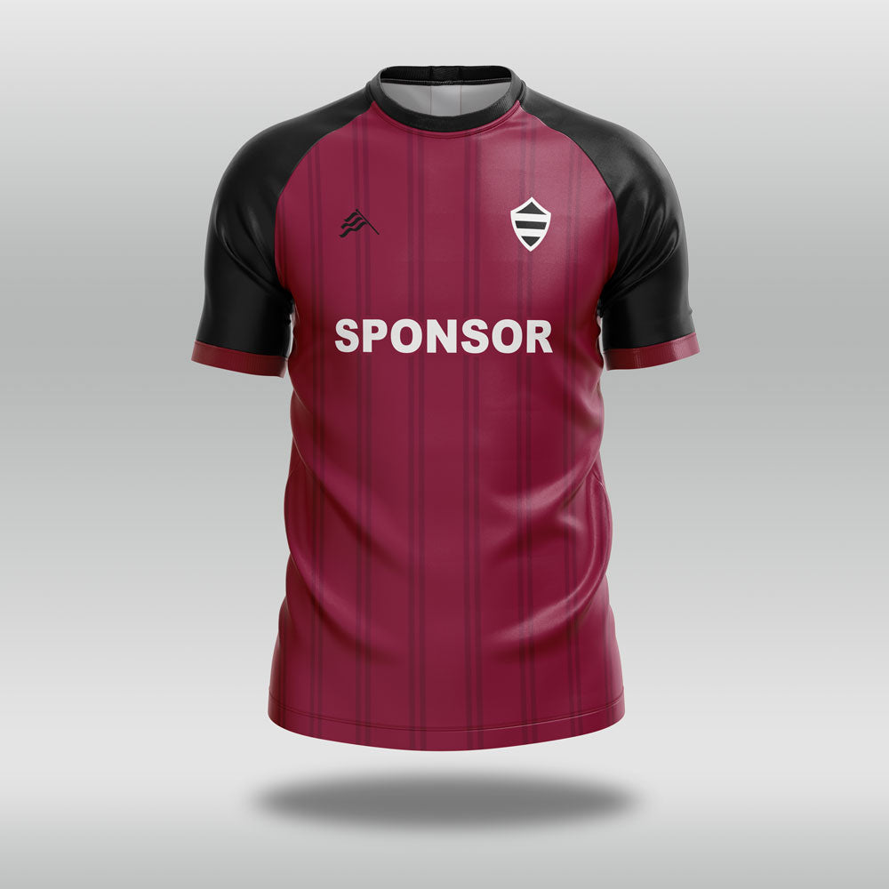 Maroon and black football shirt with 'SPONSOR' text on a gray background