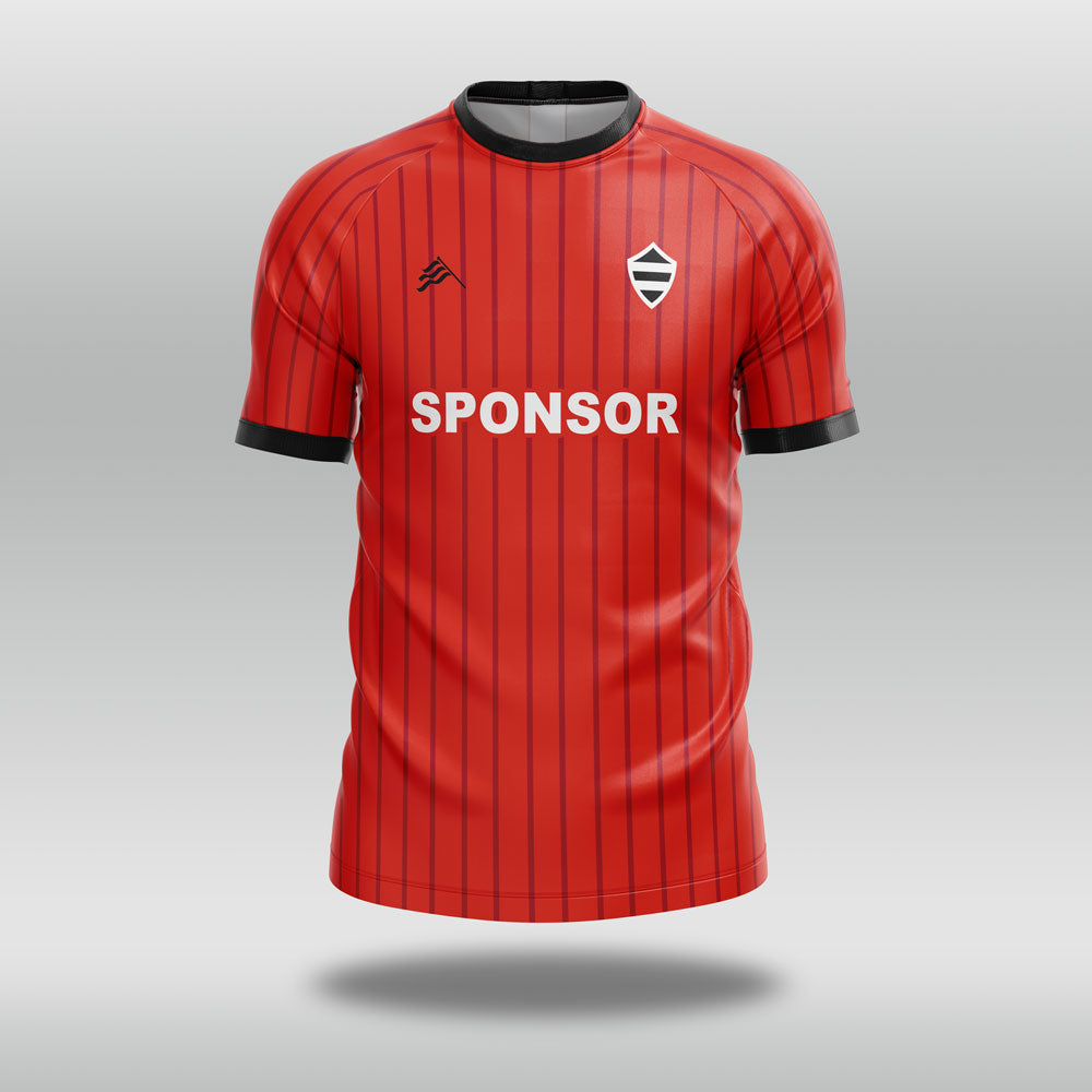 Red football shirt with black accents on a gray background