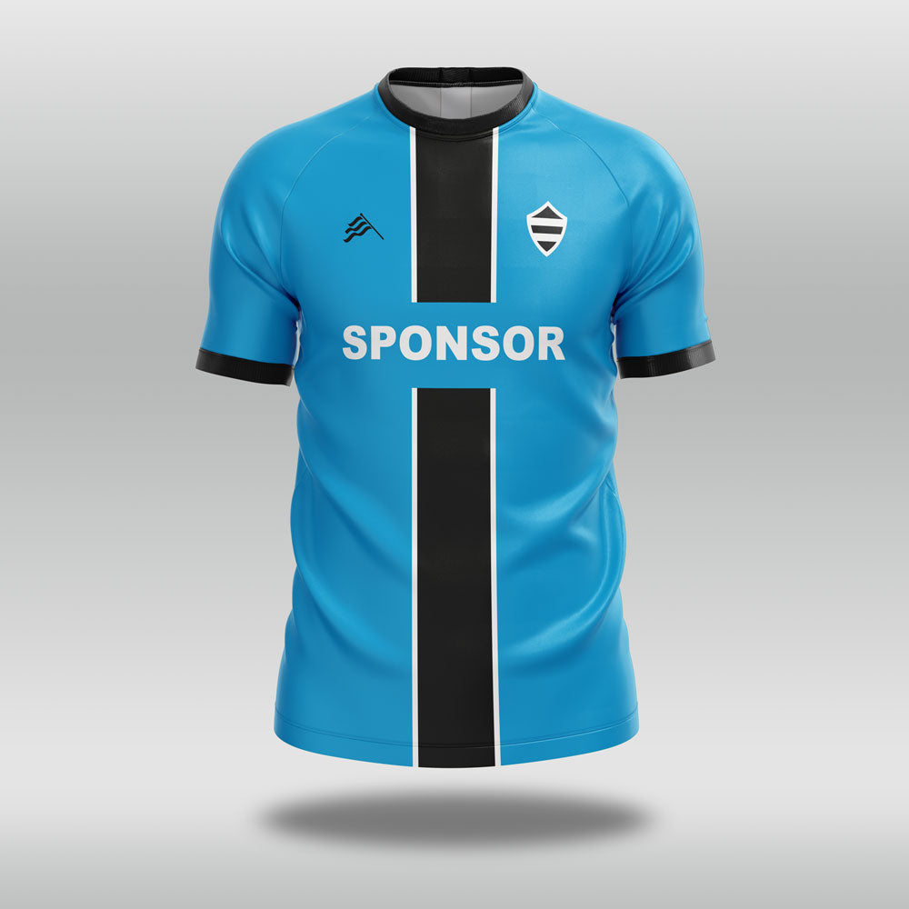 Blue football shirt with black stripe and 'SPONSOR' text on a gray background