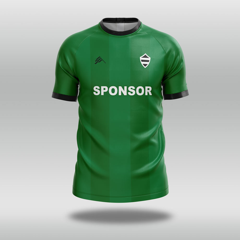 Green football shirt with 'SPONSOR' text on a gray background