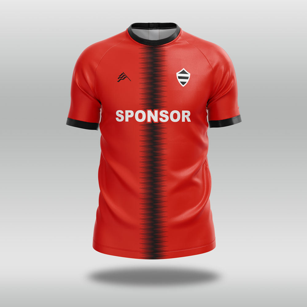 Red football shirt with black stripe and 'SPONSOR' text on a gray background