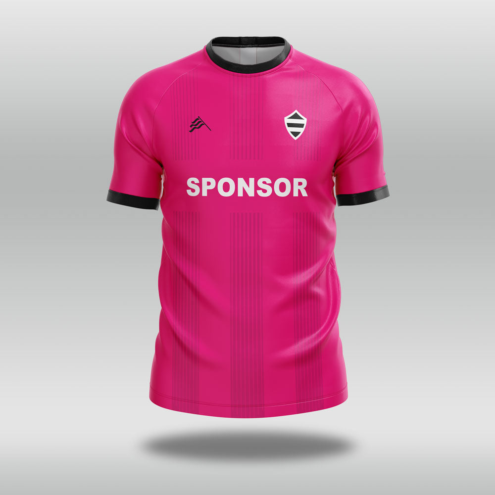 Pink football shirt with a black collar on a gray background