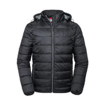 Front view of a Russell Hooded Nano Padded Jacket in black