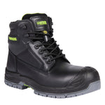 Apache Mercury: a black, non-metallic safety boot featuring a textured toe cap, gray accents, and a rugged sole.