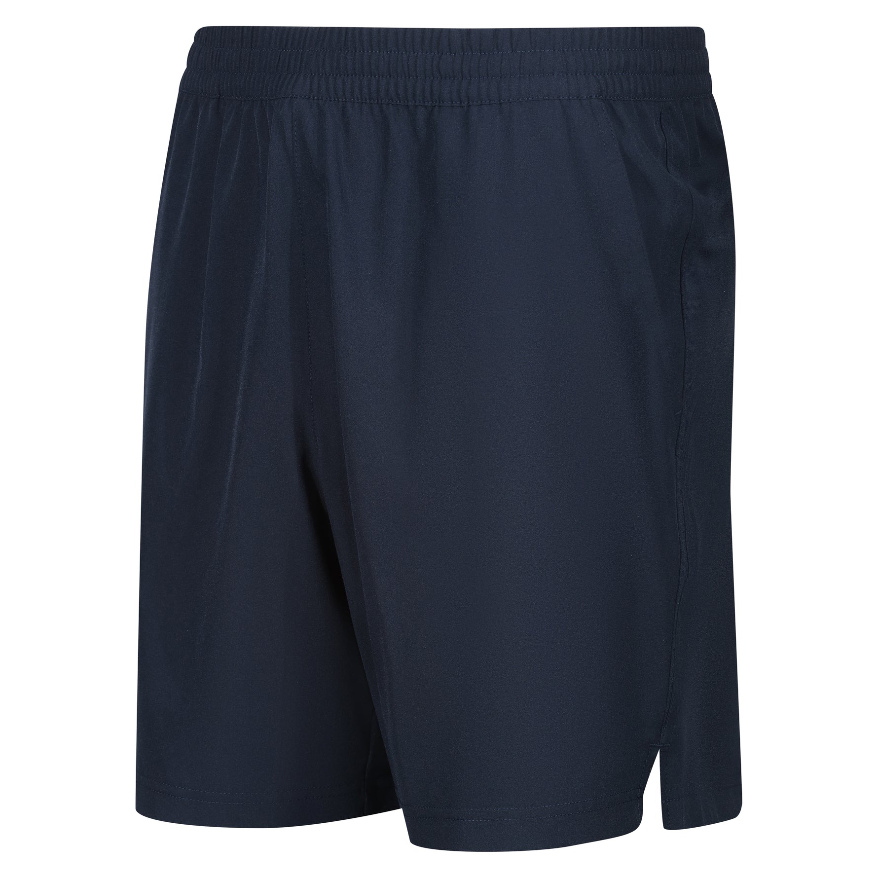 Navy blue junior pro training short with contrast trim detail and scooped hem.