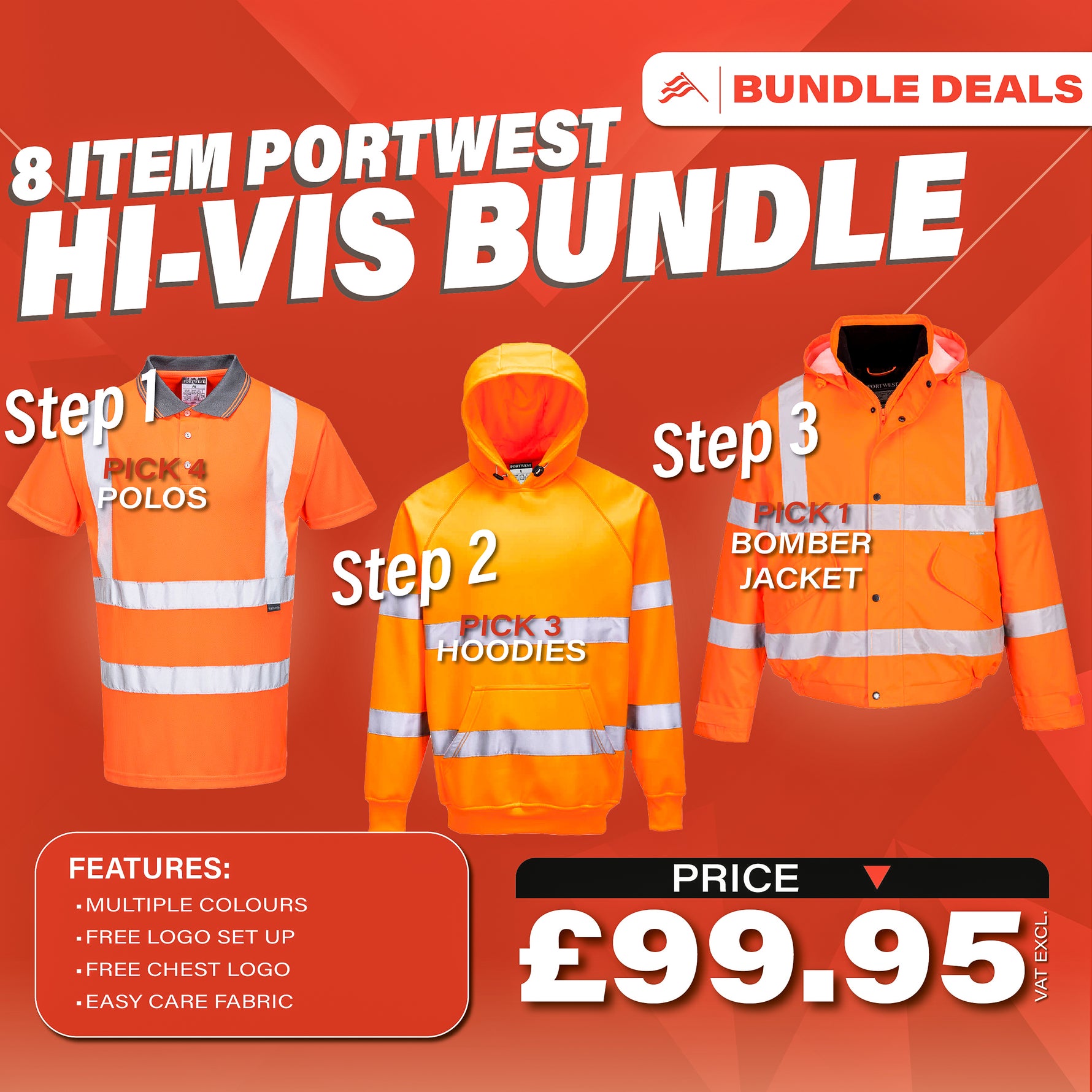 Portwest Hi Vis Bundle Deal. 4 polos, 3 hoodies, 1 bomber jacket for £99.95