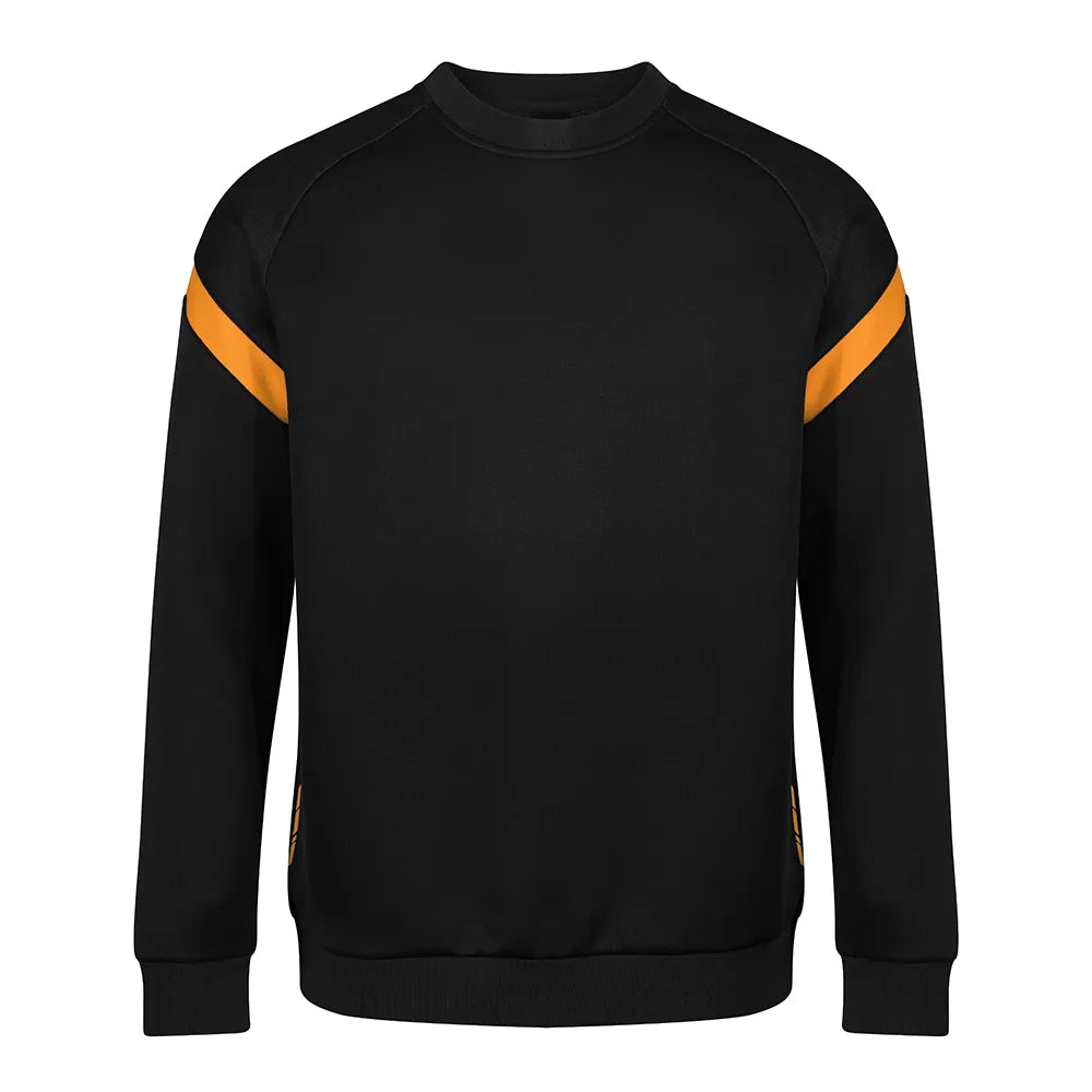 Kinetic crew top in black with amber accents on sleeves