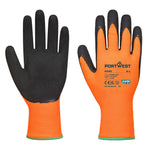 A pair of orange and black Portwest Hi-Vis Grip Gloves made of latex foam with reflective properties.