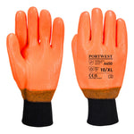 A pair of orange Portwest weatherproof hi-vis gloves with black knitwrist and a label indicating the glove size as 10/XL.