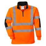 A Portwest - Xenon Hi-Vis Rugby Shirt with black contrast panels and reflective stripes.