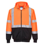 Orange and black Portwest Hi-Vis Contrast Zipped Hoodie with a full zip and reflective stripes, featuring front pockets and an adjustable hood.