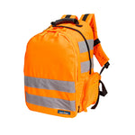 Orange Portwest hi-vis rucksack with reflective silver stripes and multiple pockets, including a front zip pocket and side mesh pockets. The backpack has adjustable shoulder straps and a padded back panel.