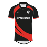 Black sports jersey with red accents and a white 'SPONSOR' text on a white background