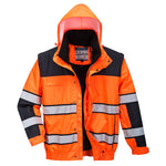 An orange and black Portwest contrast hi-vis bomber jacket with a hood, featuring reflective stripes, a detachable fur liner, and a security sleeve pocket.