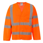 A long-sleeved orange Portwest - Hi-Vis Band and Brace Jacket with reflective silver stripes.