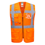 Orange and gray hi-vis half mesh executive Portwest vest with multiple pockets and a reflective stripe.