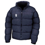 A navy blue, long-sleeved, zippered men's puffer jacket with the Stuart Surridge brand logo on the chest.