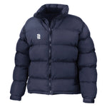 A navy blue, long-sleeved, zippered Stuart Surridge dual puffa jacket for ladies.