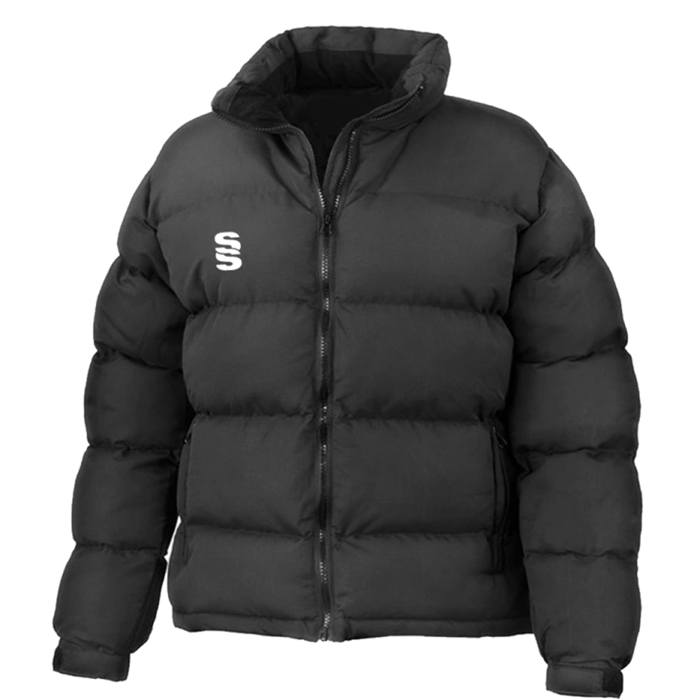 Black puffer jacket with a logo on a white background
