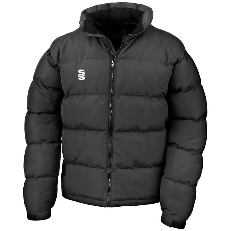 Black puffer jacket with a brand logo on a white background