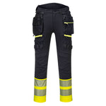 A pair of Portwest - DX4 Hi-Vis Detachable Holster Pocket Class 1 Trousers with reflective stripes and multiple pockets, designed for work safety protective gear.