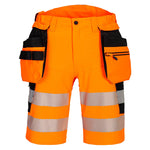 A pair of Portwest DX4 Hi-Vis Holster Pocket Shorts in orange with black accents and reflective silver stripes. The shorts have multiple pockets and a high-rise back waistband with side elastication.
