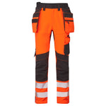 Orange high-visibility trousers with detachable holster pocket and multiple pockets with zip thigh, designed for work safety.