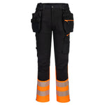 A pair of black high-visibility trousers with orange reflective stripes and multiple pockets, designed for work safety protective gear.
