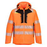 A Portwest DX4 Hi-Vis Winter Jacket in orange with reflective silver stripes and a hood.