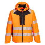 A Portwest DX4 Hi-Vis Rain Jacket in orange with reflective silver stripes and a hood.