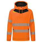An orange and black Portwest - DX4 Hi-Vis Overhead Hoodie with a hood, featuring reflective tape and zippered pockets.