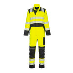 A yellow Portwest - PW3 FR Hi-Vis Coverall with black accents and reflective stripes, featuring multiple pockets and a reflective strip around the waist.