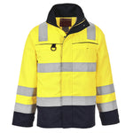 A yellow and navy Portwest hi-vis multi-norm jacket with reflective silver stripes and twin-stitched Hi-Vis strips on the chest, arms, and shoulders.