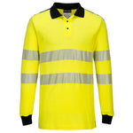 A Portwest PW3 Flame Resistant Hi-Vis Polo Shirt in yellow with reflective silver stripes, long sleeves, and a collar.