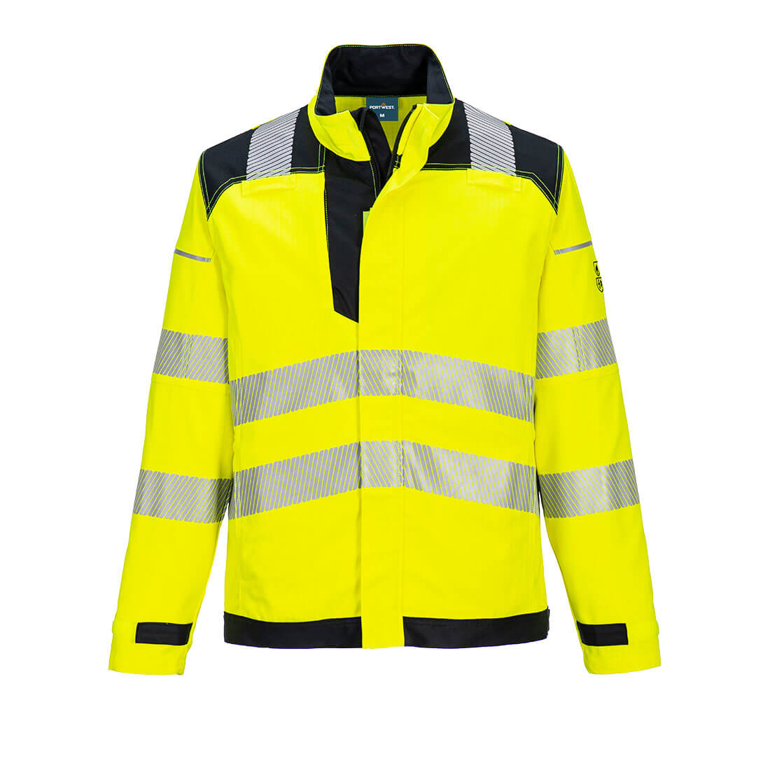 A yellow and black Portwest PW3 FR Hi-Vis Work Jacket with reflective stripes and a collar.