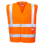 Orange hi-vis flame retardant vest with reflective white stripes on the front.