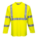 A yellow long sleeve Portwest flame resistant hi-vis t-shirt with reflective stripes and a mock neckline.