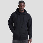 Model wearing the AWDis Zoodie JH050 in deep black, zipped up