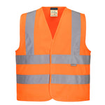 Orange, grey, and white striped hi-vis junior band and brace vest with a front fastening.