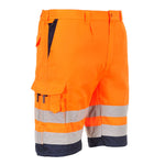 A pair of orange Portwest hi-vis lightweight polycotton shorts with reflective stripes and multiple pockets.